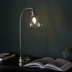 Bright Nickel Table Lamp Task Light - Clear Glass Shade - Knurled Detailing