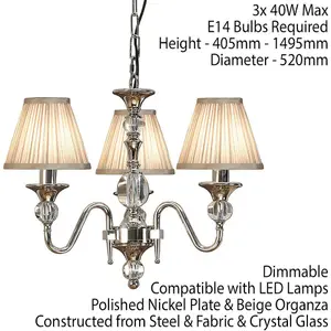 Diana Ceiling Pendant Chandelier Bright Nickel & Beige Pleat Shade 3 Lamp Light