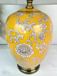 Yellow Floral Ceramic Table Lamp with Plain Shade