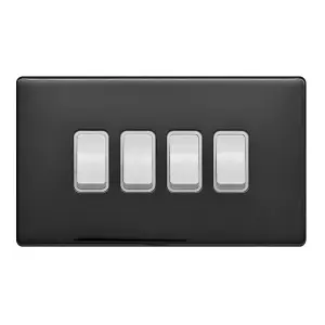 Black Nickel Screwless Plate 10A 4 Gang 2 Way Light Switch - White Trim - SE Home