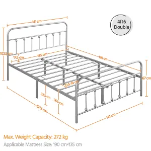 Yaheetech Silver 4ft6 Double Classic Iron Bed Frame with High Headboard and Footboard