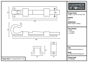 Hammer & Tongs - Straight Shepherd's Crook Surface Bolt - W140mm - Black