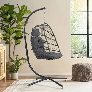 Black Foldable Rattan Egg Swing Chair Garden Relaxing Hanging Chair with Metal Stand and Cushions 195 cm