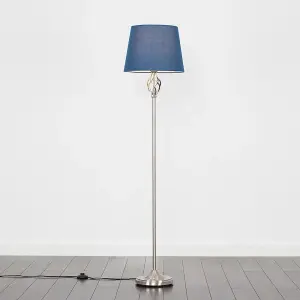 ValueLights Memphis Traditional Silver Satin Barley Twist Floor Lamp with Navy Blue Shade