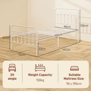 HOMCOM 3ft Metal Single Platform Bed Frame w/ Underbed Storage Headboard White