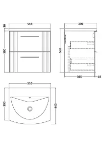 Retro 2 Drawer Wall Hung Vanity Unit with Curved 1 Tap Hole Ceramic Basin - 500mm - Satin Soft Black - Balterley