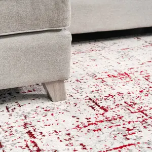 Red Grey Tweed Floral Embossed Living Area Rug 80x150cm