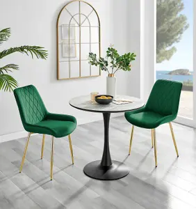 Elina White Marble Effect Round Pedestal Dining Table with Curved Black Support and 2 Green Velvet Pesaro Gold Leg Chairs