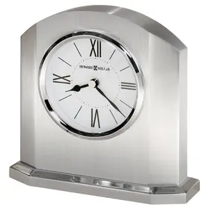 Modern & Contemporary Roman Numeral Metal Quartz Movement / Crystal Alarm Tabletop Clock in Polished Silver