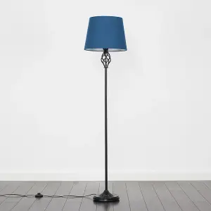 ValueLights Memphis Traditional Style Black Barley Twist Floor Lamp with Navy Blue Tapered Light Shade - with LED GLS Bulb