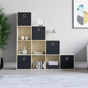 Vida Designs Durham Oak 10 Cube Storage Unit & Set of 5 Black Foldable Cube Storage Baskets