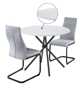 Hallowood Furniture Cullompton Small 90cm Round Dining Table with White Marble Effect Top and 2 Light Grey High Back Dining Chairs