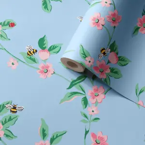 Cath Kidston Blue & Pink Floral Pearl effect Embossed Wallpaper