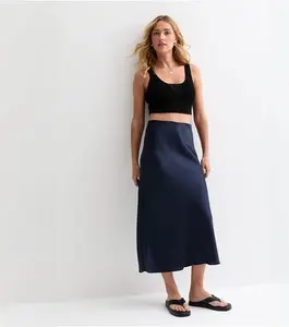 New Look Women's Navy Satin Midi Skirt - UK 14