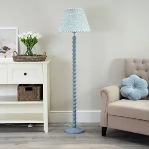 ValueLights Bobbles Powder Blue Bobbin Floor Lamp with Green Arrow Pleated Shade