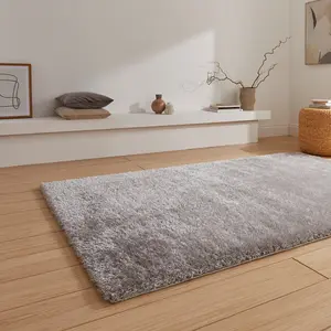 Grey Silver Plain Shaggy 45mm Pile Stain-Resistant Rug For Bedroom, Dining Room, Easy to Clean Modern Rug-60cm X 120cm