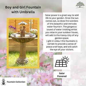 Solar Powered Boy & Girl Umbrella Water Fountain Rustic Traditional Water Feature