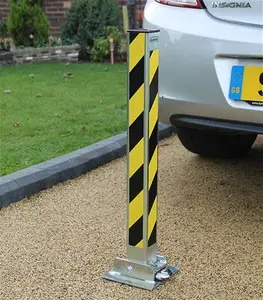 Heavy Duty Folding Parking Bollard Post | KFP2 | Bolt Down Concrete In | Black Yellow Chevron | Padlock | 730mm Above Ground | Steel | Zinc Plated | A