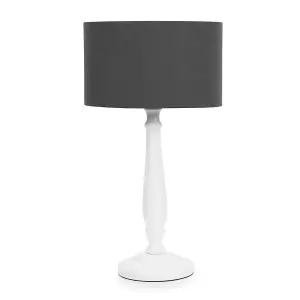 ValueLights Victoria Traditional White Wood Candlestick Table Lamp with Charcoal Drum Shade - LED Bulb Included