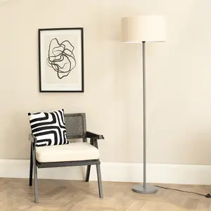 ValueLights Heather Grey Wood Stem Floor Lamp with Natural White Trim Drum Shade and LED Bulb