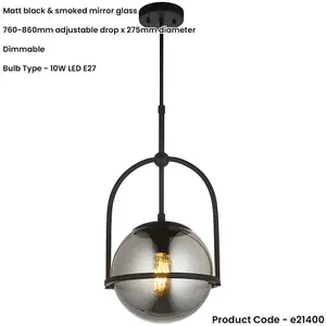 Hanging Ceiling Pendant Light - Matt Black & Smoked Mirror Glass - 10W LED E27