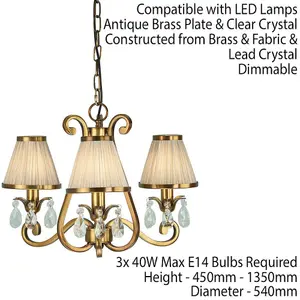 Esher Ceiling Pendant Chandelier Brass Crystal & Beige Shades 3 Lamp Light