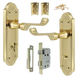 Ashford Door Handle Bathroom Lock Scroll Lever - Polished Brass Bath Pack Hinges