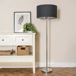 ValueLights Charles Chrome Stem Floor Lamp with Black with Chrome Inner Lamp Shade and LED Bulb