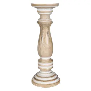 SET OF 2 Rustic Antique Carved Wooden Pillar Church Candle Holder, Beige,Large 31cm