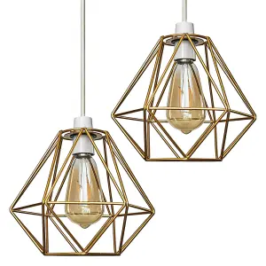 ValueLights Pair Of Modern Geometric Gold Metal Basket Cage Ceiling Pendant Light Shades