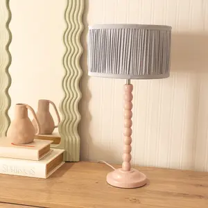 ValueLights Bobbins Painted Rose Table Lamp with Ruched Pleated Powder Blue Drum Lamp Shade