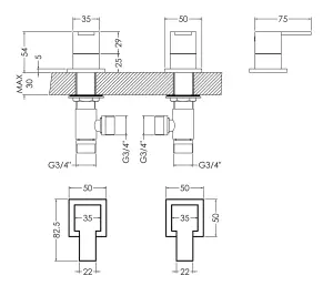 Contemporary Square Deck Mounted 3/4" Chrome Side Valves - Chrome