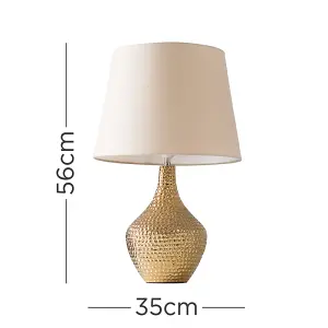 ValueLights Bailey Metallic Gold Indent Textured Ceramic Table Lamp with Beige Shade