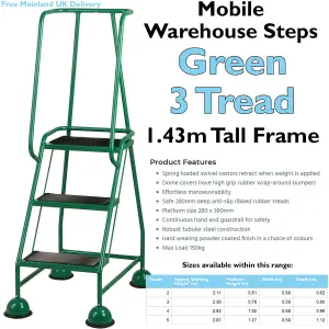 3 Tread Mobile Warehouse Steps -GREEN- 1.43m Portable Safety Ladder & Wheels