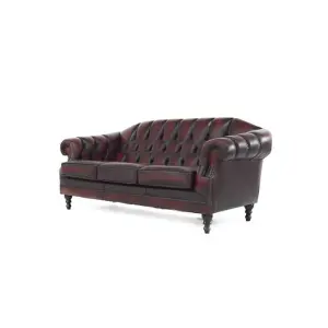 Chesterfield 3 Seater Sofa Settee Antique Oxblood Red Real Leather In Victoria Style