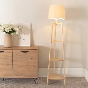 ValueLights Hiru 3 Tier Shelved Wooden Floor Lamp with Linen White Trim Scallop Tapered Shade