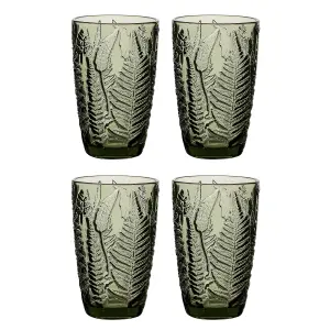 Set of 4 Luxury Green Leaf Embossed Tall Highball Drinking Glass Tumblers 350ml