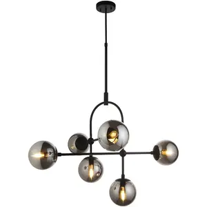 Multi Arm Ceiling Pendant & 2x Matching Wall Lights - Matt Black Frame Grey Tinted Glass Shade Set