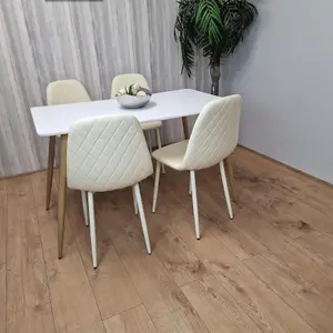 Wooden Dining Table with 4 Cream Gem Patterned Chairs White Table with Cream Chairs