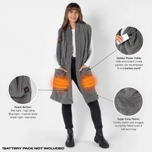 OHS Teddy Fleece Scarf Long Heated Pockets Warm Wrap Shawl, Charcoal - One Size