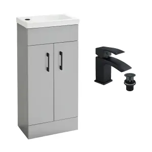 Light Matt Grey 400 Vanity Basin Sink Unit & Black Lucia Waterfall Basin Tap