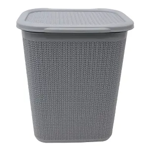 JVL Knit Design Loop Plastic Rectangular Lidded Washing Laundry Basket, Grey