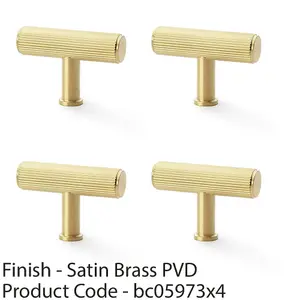 4 PACK - Reeded T Bar Cupboard Door Knob - 55mm x 38mm Satin Brass Lined Pull Handle