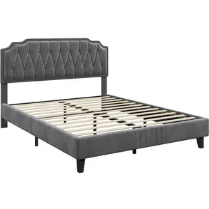 Upholstered Bed Frame with with Button-Tufted Headboard Dark Grey / Double