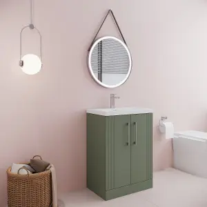 Retro 2 Door Floor Standing Vanity Unit with Mid-Edge 1 Tap Hole Ceramic Basin - 600mm - Satin Green - Balterley