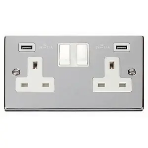 Polished Chrome 2 Gang 13A 2 USB Twin Double Switched Plug Socket - White Trim - SE Home