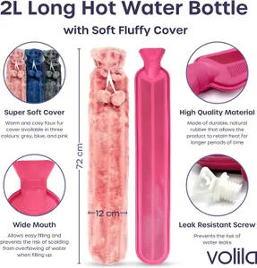 2L Long Hot Water Bottle for Back Pain Relief - Pink Soft Faux Fur Cover with Pom Poms, Washable, 72cm Luxury Heat Bag