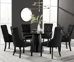 Furniturebox UK Palma Black Semi-Gloss Round Pedestal Dining Table & 6 Black Velvet Belgravia Black Leg Chairs