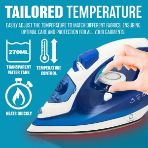 Blue 2600W Corded Non Stick Steam Iron With Ceramic Sole Plate Laundry