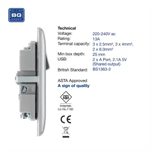 BG Nexus Single Switched Socket Dual USB-A 1 Gang 13A Brushed Steel - NBS21U2B